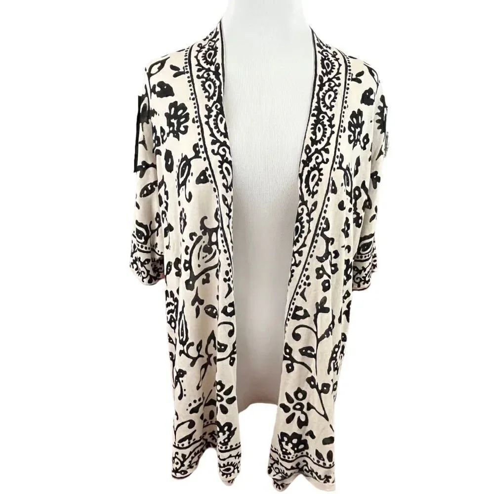 Habitat Clothing Cream And Black Floral Lightweight Viscose Open Front Cardigan
